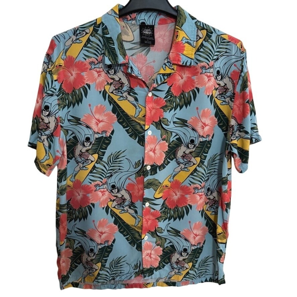 Batman Classic Tv Series Button Down Shirt Mens Med Floral Surfer Vacation Blue